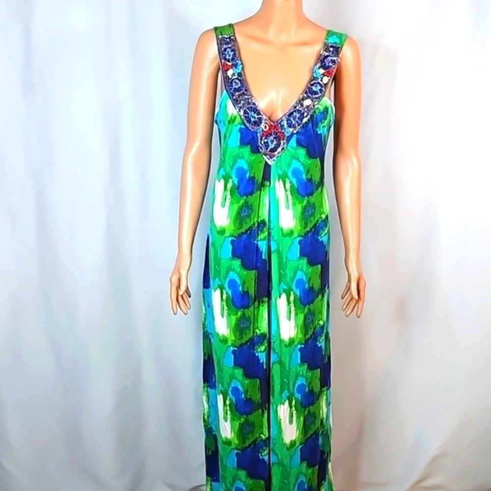 Bordeaux Bejeweled Green & Blue Women's Maxi Dress Sz Large